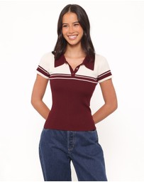 Petal & Pup - Maris Knit Polo Top - Burgundy/Cream Stripe