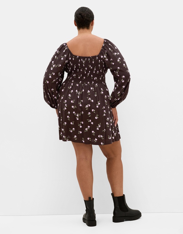 City Chic - Plus size Aire Field Print Long Sleeve Mini Dress - chocolate