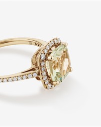 Michael Hill - Cushion Cut Green Amethyst Gemstone and 0.25 Carat TW Diamond Halo Ring in 10kt Yellow Gold