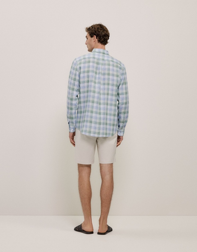 Trenery - Regular Fit Yarn Dyed Linen Check Shirt in Sage Green