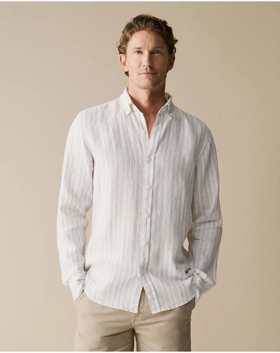 Trenery - Regular Fit Linen Stripe Shirt in Flax