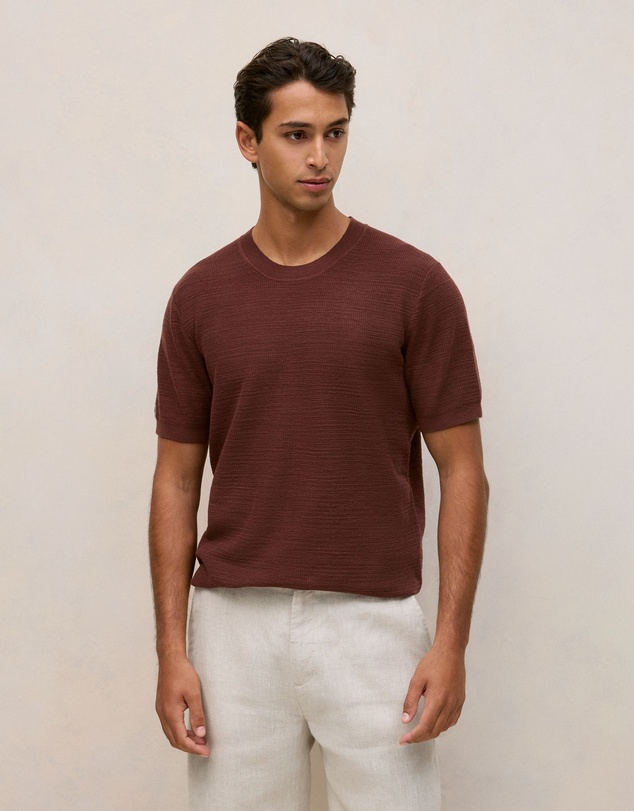 Trenery - Cotton Linen Racking Stitch T-shirt in Espresso