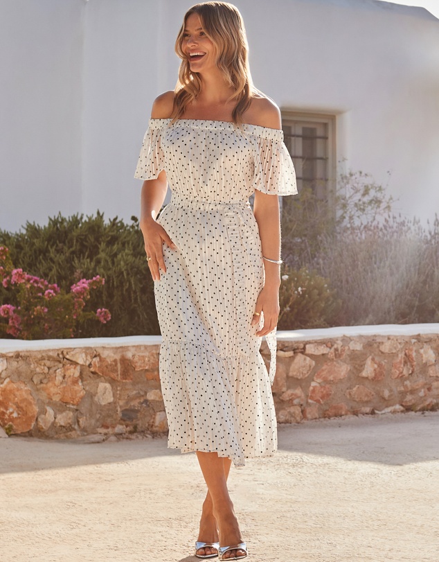Sosandar - Spot Print Bardot Tiered Maxi Dress