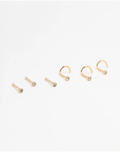 Lovisa - Gold Plated Surgical Steel Mixed Diamante Post Nose Studs 6-Pack