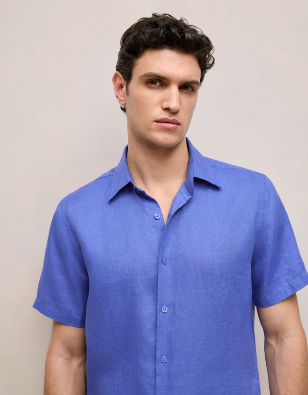 Trenery - Regular Fit Linen Short Sleeve Shirt in Vivid Blue