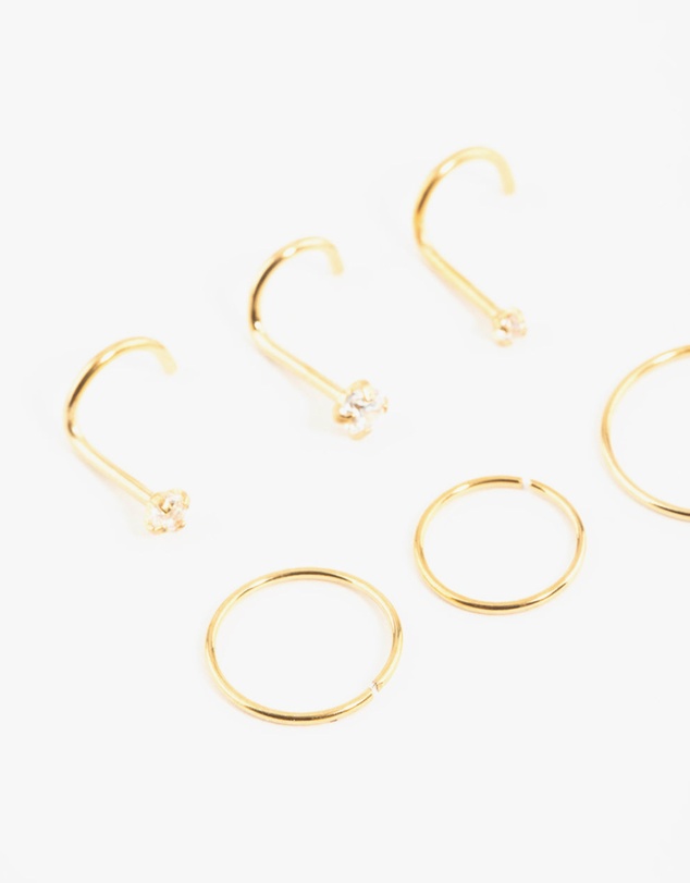 Lovisa - Gold Plated Surgical Steel Cubic Zirconia Nose Stud & Rings 6-Pack
