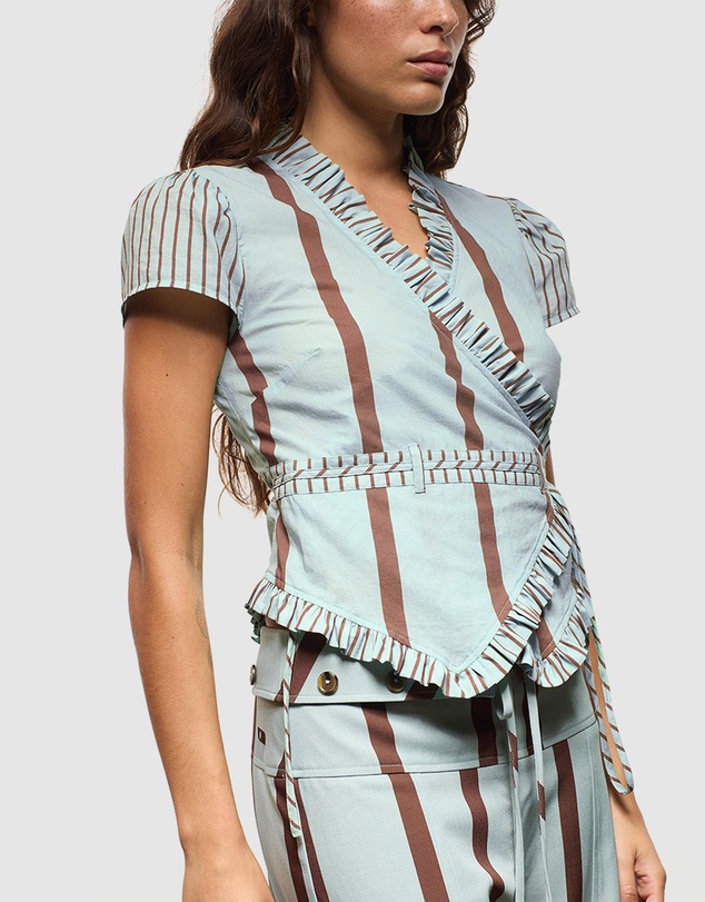 Laagam - Atena Turquoise Striped Wrap Blouse