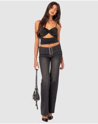 EDIKTED - Buckle Belt Washed Flared Jeans
