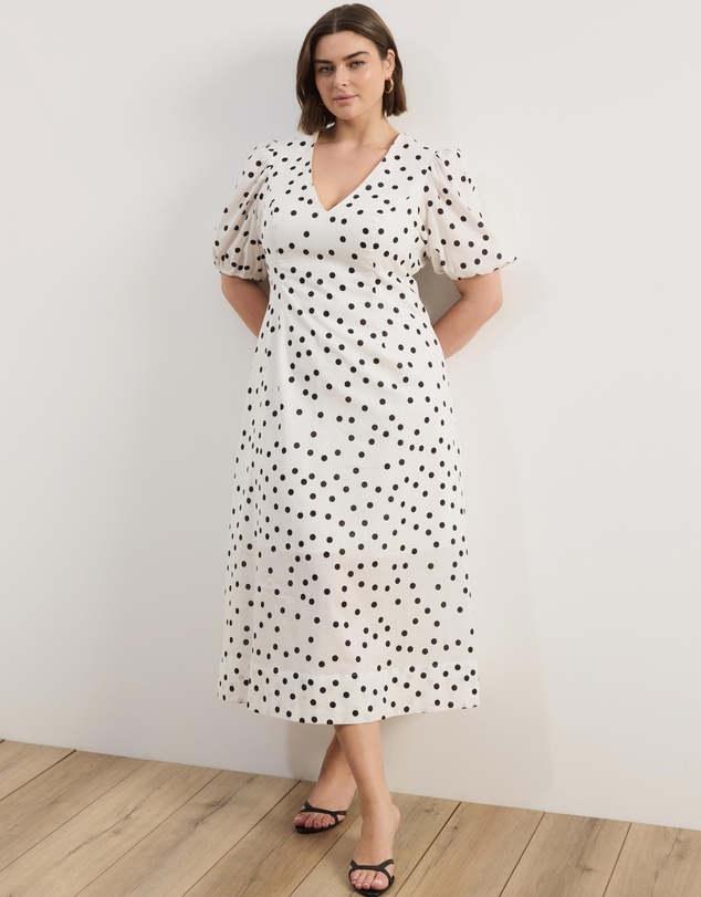 Atmos&Here Curvy - Stephanie Polka Dot Sweetheart Puff Sleeve Linen Blend Midi Dress