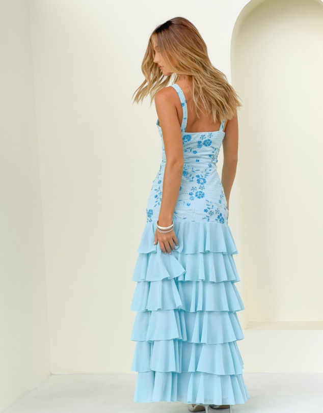 Beginning Boutique - Eleanor Blue Sequin Ruffle Hem Maxi