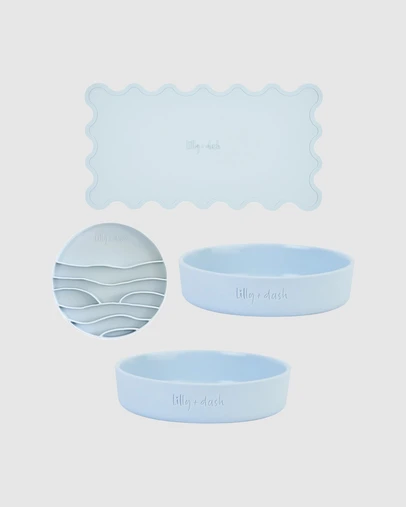 Lilly + Dash - Cat Eat and Drink Set – 2 Bowls + Lick Insert + Wave Placemat