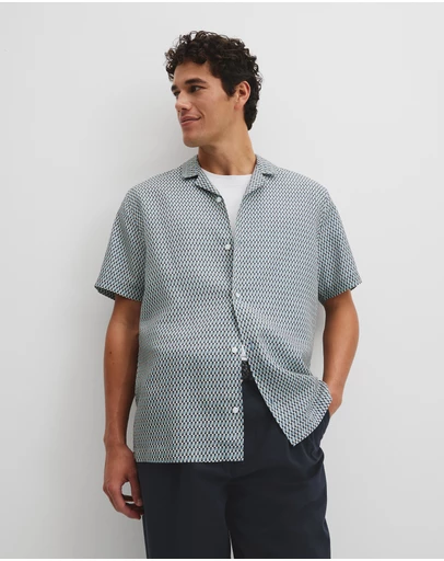 Country Road - Short Sleeve Tencel Linen Geometric Print Shirt