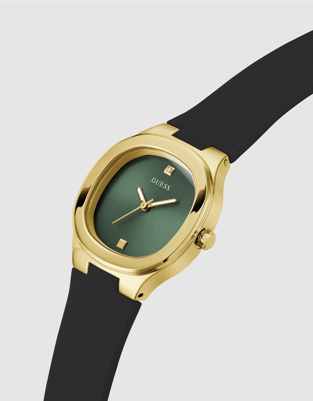 GUESS - Eve Gold-tone 32mm Green Dial Ladies Watch with Black Silicone Strap