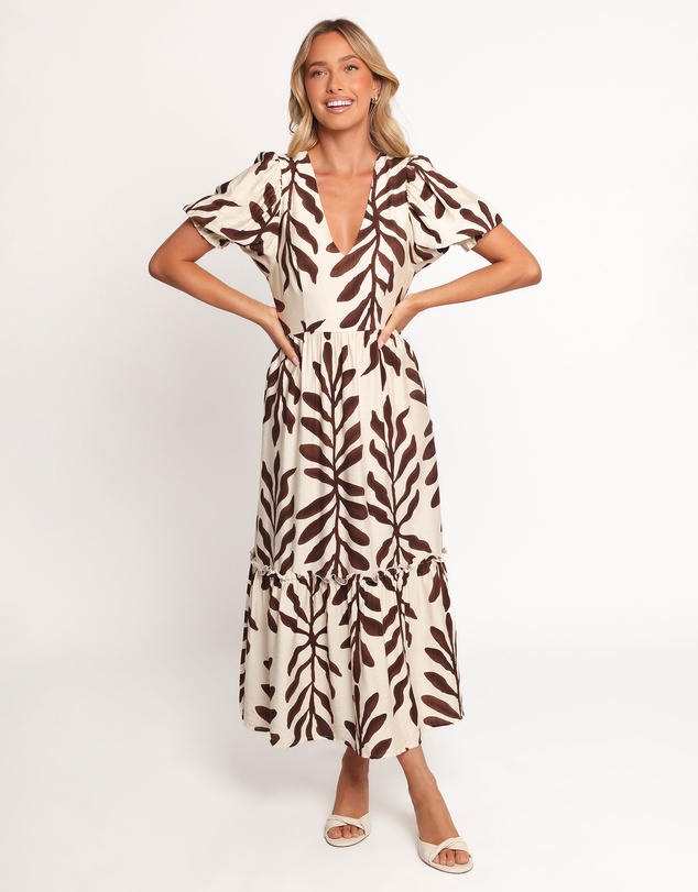 Petal & Pup - Steele Puff Sleeve Midi Dress - Brown Palm