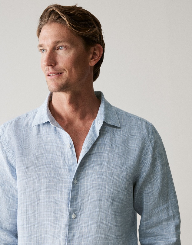 Trenery - Tailored Fit Linen Prince Of Wales Check Shirt in Faded Blue