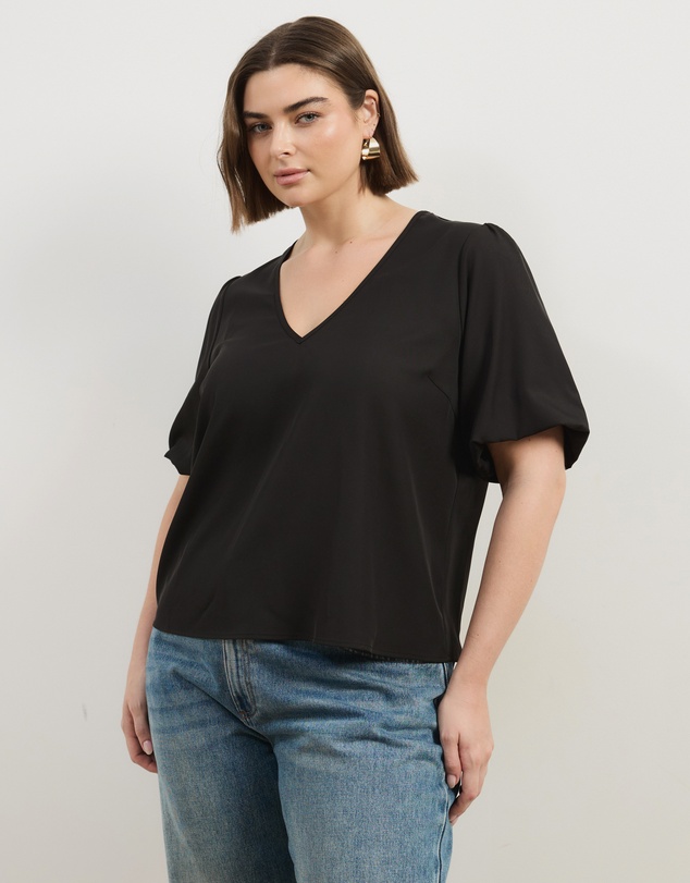 Atmos&Here Curvy - Aurelia V-Neck Puff Sleeve Blouse