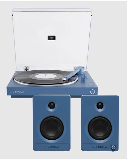 Victrola - Victrola Automatic Turntable + Victrola Tempo Bookshelf Speakers Bundle - Blue