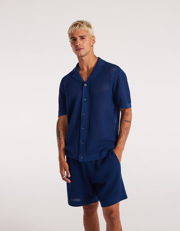 Calibre - Eyelet Mesh Knit Shirt Delft Blue