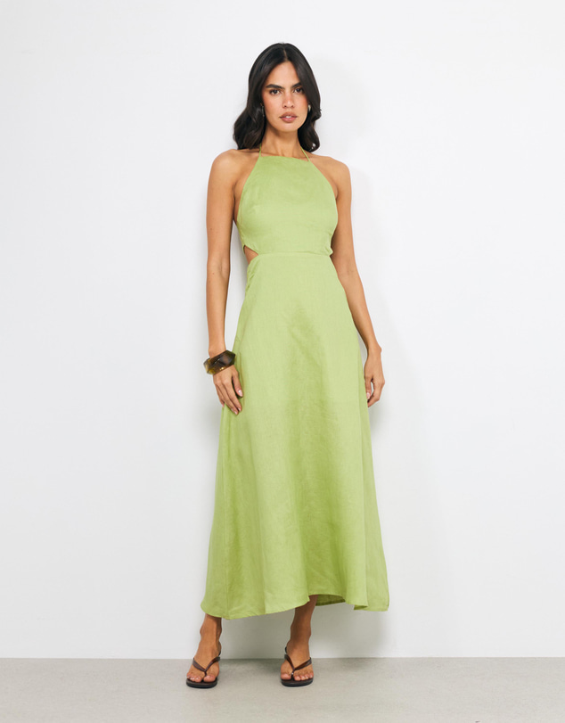 AERE - Sila Halter Tie Back Linen Midi Dress