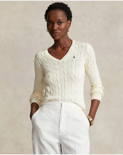 Polo Ralph Lauren - Kimberly Cable Knit Cotton V-Neck Sweater