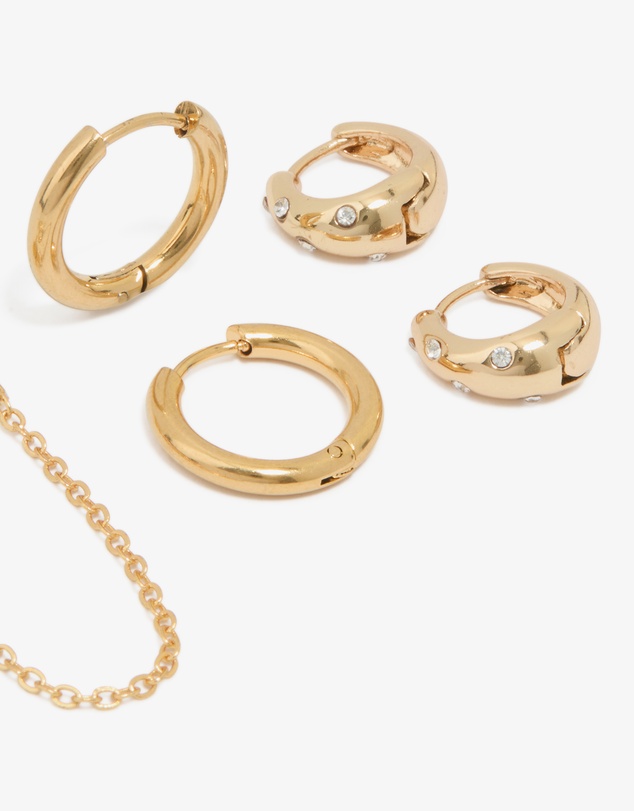 Lovisa - Waterproof Gold Plated Stainless Steel Cubic Zirconia & Sleek Huggie Earrings 3-Pack