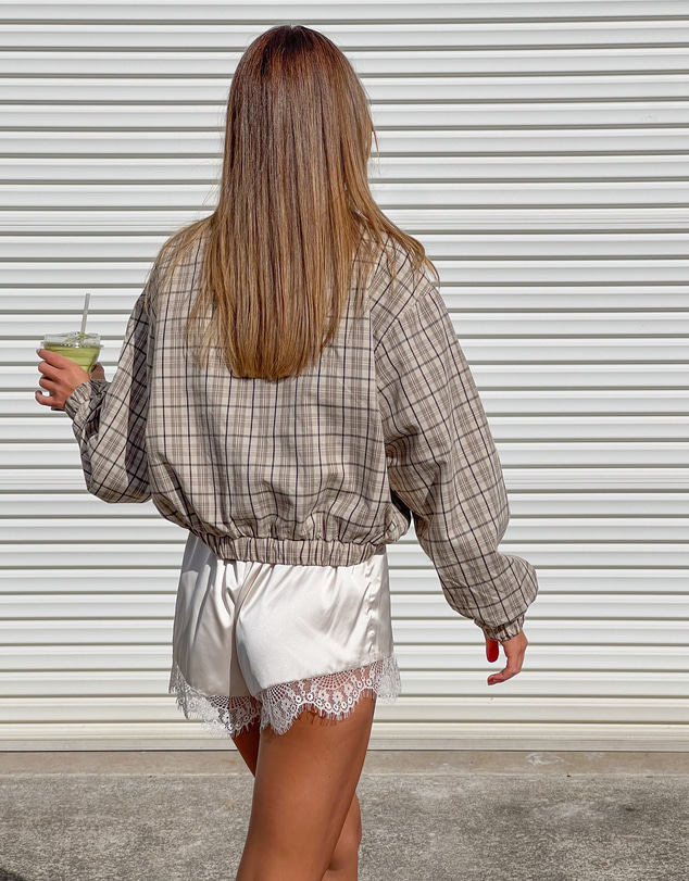 Beginning Boutique - Lee Beige Plaid Funnel Neck Jacket