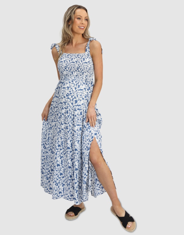 Angel Maternity - Maternity & Nursing Midi Blue Floral Dress