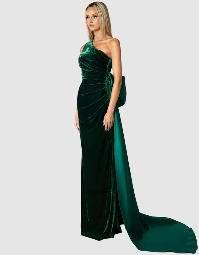 Bariano - Kalista One Shoulder Gown With Back Bow Train