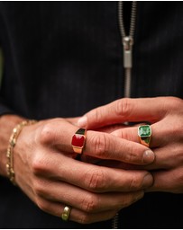 Kuzzoi - ICONIC EXCLUSIVE - Ring Male Signet Square Enamel Red 925 Sterling Silver Gold Plated