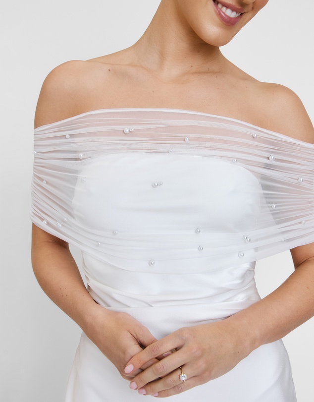 Six Stories - Bardot Detail Pearl Satin Midaxi Dress
