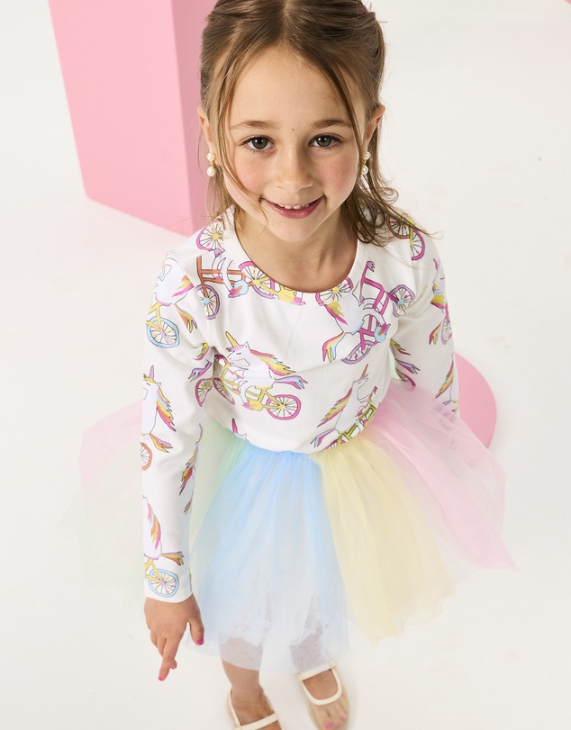 Rock Your Kid - Unicorn Bike Circus Long Sleeve Dress in Cream