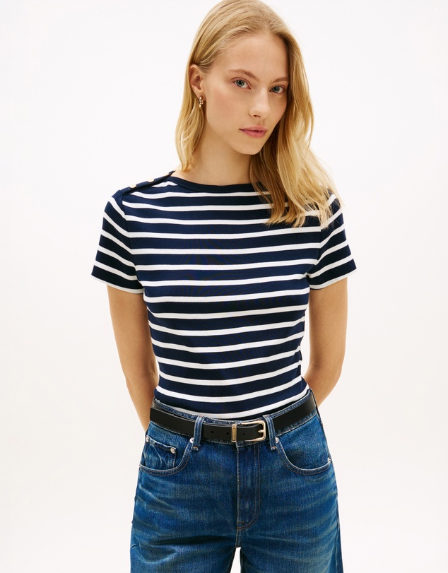 Tommy Hilfiger - Gold-Tone Button Slim Boat Neck T-Shirt