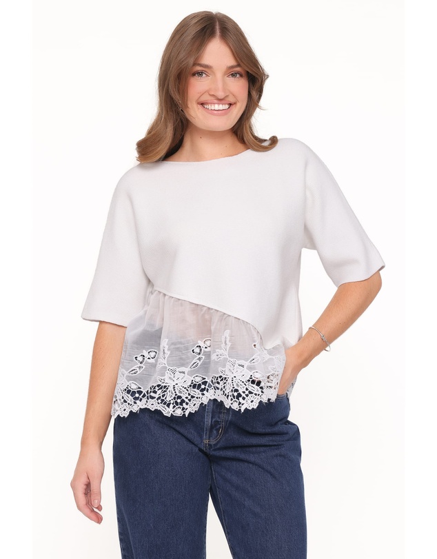 Petal & Pup - Chase Lace Hem Ribbed Top - Ivory