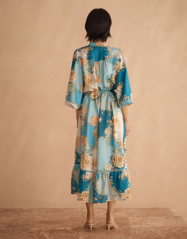 AUR OCEA - Silk Blousson Frill Midi Dress