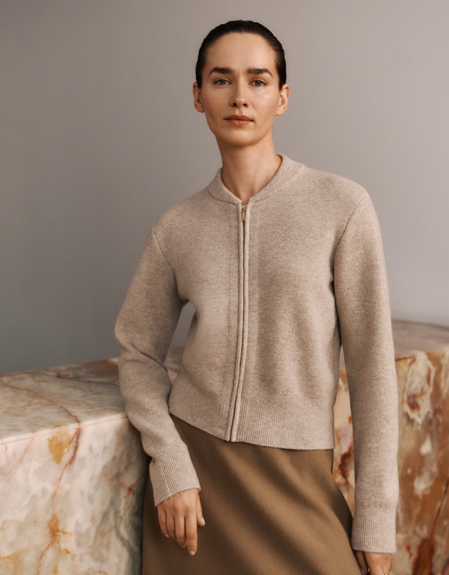 Trenery - Merino Double Knit Zip Bomber Cardigan in Oatmeal Marle