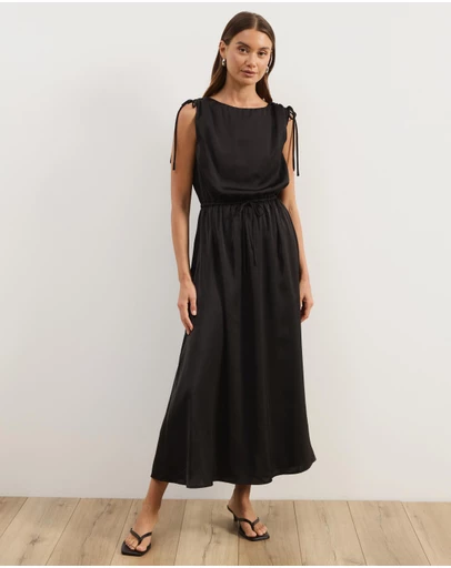 Atmos&Here - Danni Satin Shoulder Tie Midi Dress