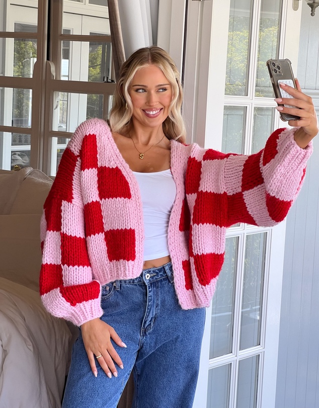 Beginning Boutique - Envi Pink And Red Checkered Knit Cardigan
