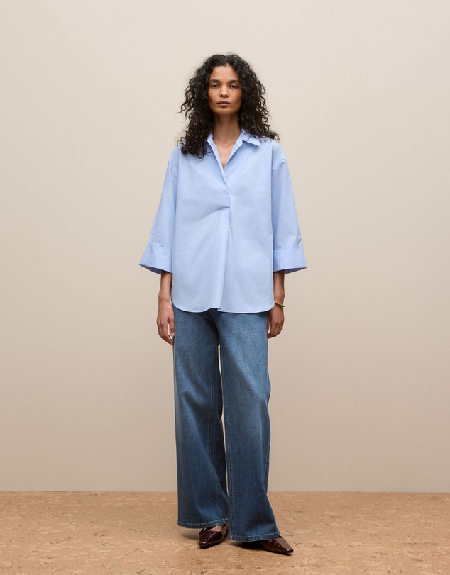 Trenery - Yarn Dyed Cotton Poplin Half Sleeve Shirt in Sky