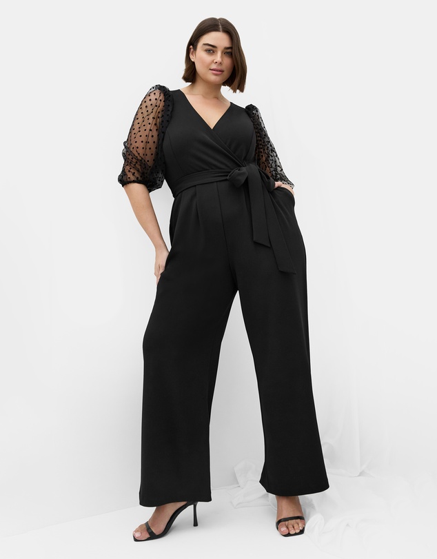 City Chic - Plus size Asher Spot Mesh Sleeve Jumpsuit - black