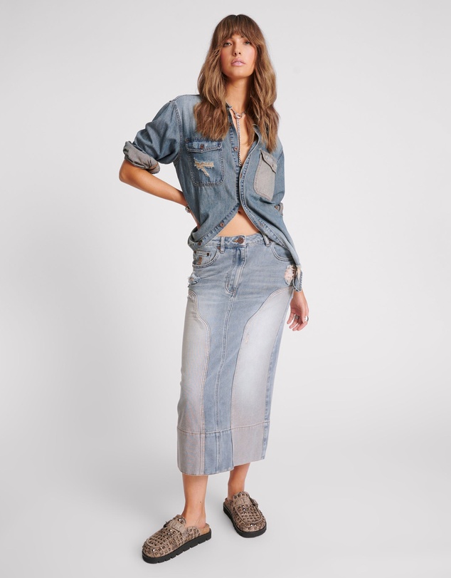 ONE TEASPOON - Cassidy Mid Waist Long Denim Column Denim Skirt - Dirty Blue