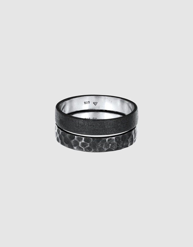 Kuzzoi - ICONIC EXCLUSIVE - Hammered Band Ring Set in Oxidised 925 Sterling Silver