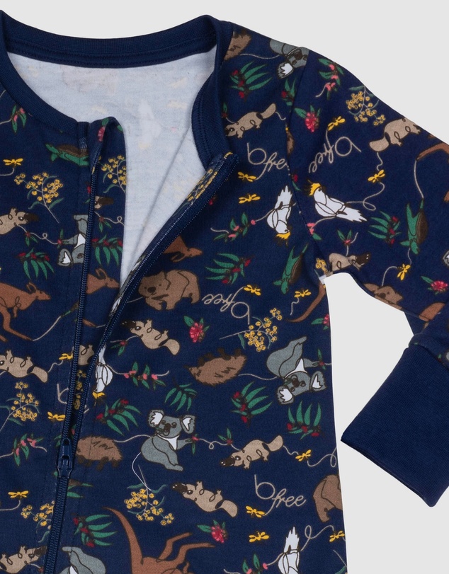 B Free Intimate Apparel - 100% Organic 2-Way Zip Sleepsuit - Baby & Toddler Navy Native Aussie Animals
