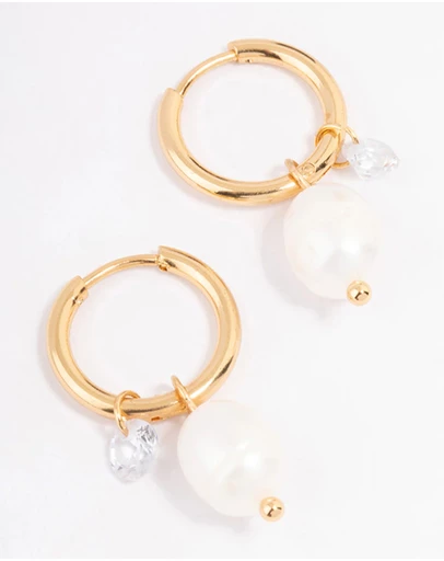 Lovisa - Waterproof Gold Plated Stainless Steel Classic Freshwater Pearl & Cubic Zirconia Huggie Earrings