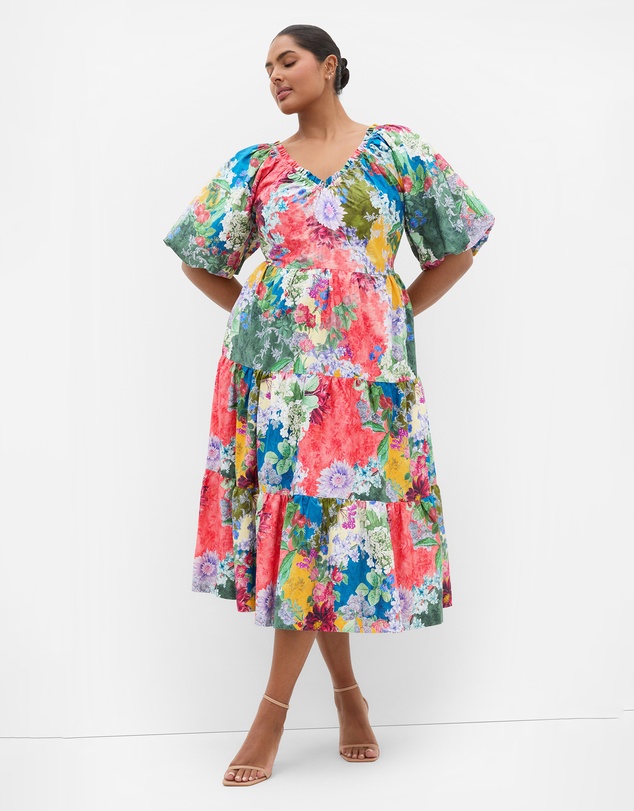 City Chic - Fantasy Berry Floral Print V Neck Dress