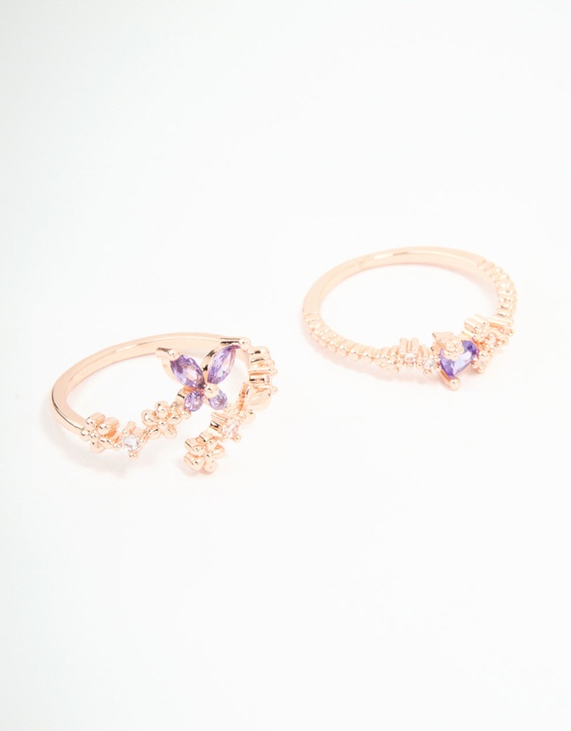 Lovisa - Rose Gold Cubic Zirconia Dainty Butterfly Rings 2-Pack