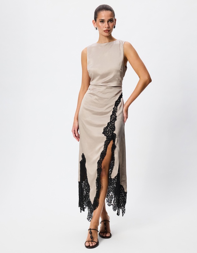 Tussah - Felicity Satin Lace Trim Asymmetric Midi Dress