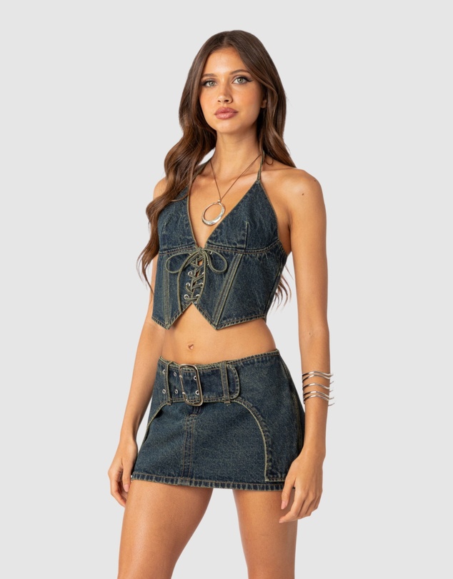 EDIKTED - Elara Washed Denim Lace Up Corset