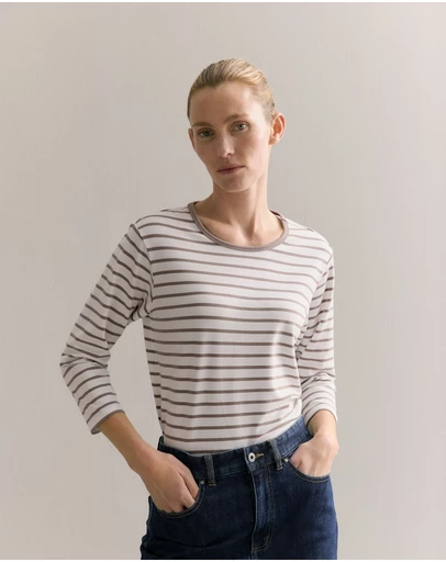 Trenery - Cotton Stripe 3/4 Sleeve T-shirt in Cinder