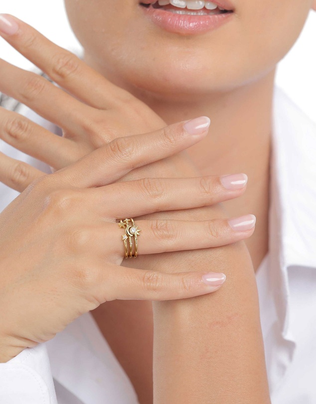 Elli Jewelry - Celestial Zirconia Stacking Ring Set in Gold-Plated 925 Silver