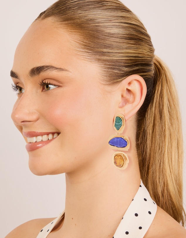 Lovisa - Worn Gold Blue & Green Acrylic Triple Layered Drop Earrings